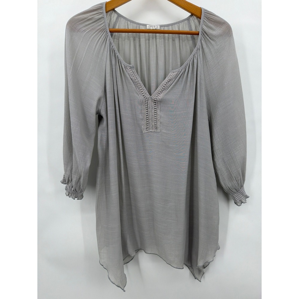 Grey Crochet Trim Peasant Blouse 3/4 Sleeve Boho Med Asymmetric‎ Top Cottagecore